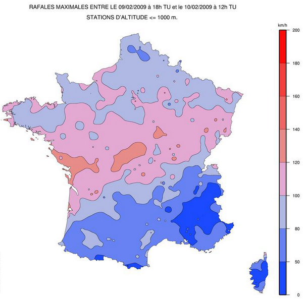 Carte des rafales maximales relevées en France