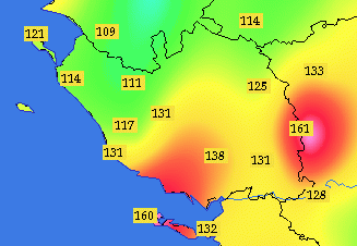 Carte des rafales maximales enregistrées en Vendée